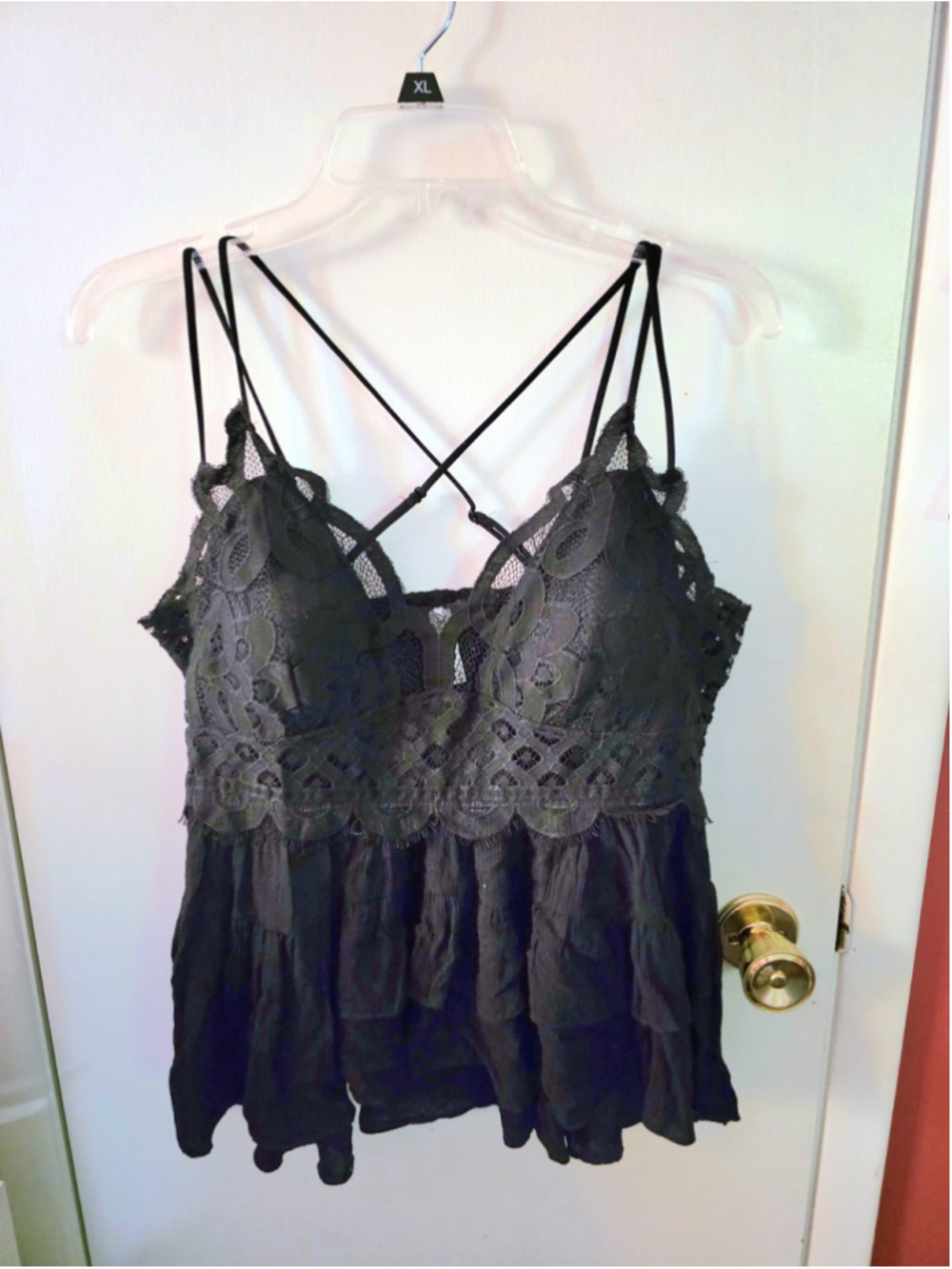 Zenana women's Crochet lace tiered ruffle peplum cami tank adjustable strap 2X
